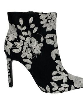 Zara Black Ankle Boots with White Floral Embroidery